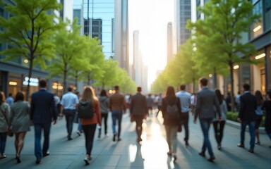 The concept of sustainability in business centers, crowds of business people walking at a corporate office in a green city downtown, abstract motion blur image with blurred background. High quality
