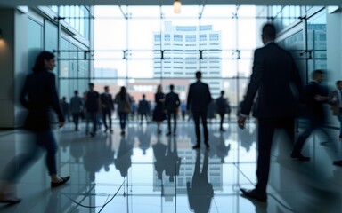 abstract motion blur image of business people crowd walking at corporate office in city downtown, business marketing, blurred background, business finance center concept. High quality. High quality
