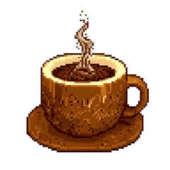 Pixel art of a steaming cup of coffee in a brown textured mug and saucer. Retro 8-bit style hot beverage illustration perfect for café, breakfast, or vintage game design concepts.