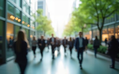 The concept of sustainability in business centers, crowds of business people walking at a corporate office in a green city downtown, abstract motion blur image with blurred background. High quality