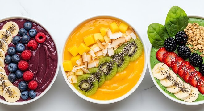 Fruit smoothie bowls with toppings