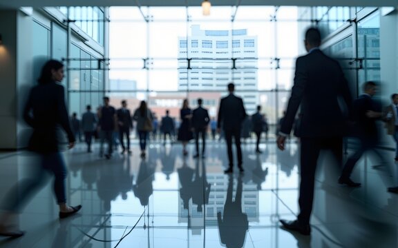 abstract motion blur image of business people crowd walking at corporate office in city downtown, business marketing, blurred background, business finance center concept. High quality. High quality