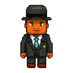Pixel art character of a man in a black suit, white shirt, and teal tie wearing a black hat. Retro 8-bit style design, perfect for video games, avatars, or digital illustration projects.