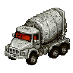 Pixel art illustration of a cement mixer truck with detailed shading and retro 8-bit style. The image features a concrete mixer vehicle on a black background, ideal for game assets or design projects.