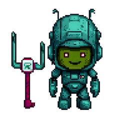 Pixel art of a green-faced robot astronaut in a teal suit with antennas, standing beside a futuristic red tool. Ideal for sci-fi games, retro designs, animation, and digital art projects.