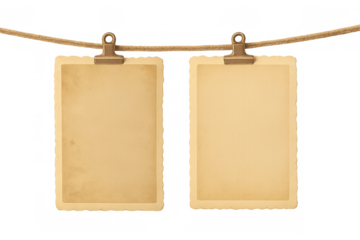 Two old empty photo paper frames with decorative edges, secured by metal clips on a jute rope, ready for text or image