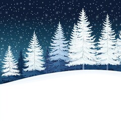 Obraz premium Vector illustration of snow covered spruce trees on horizon under dark blue starry night sky with small snowy hill. Festive winter design for cards and banners.