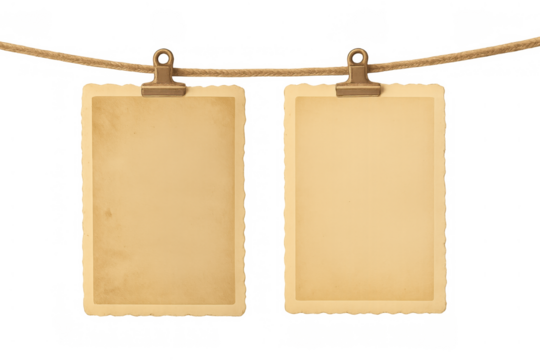 Two old empty photo paper frames with decorative edges, secured by metal clips on a jute rope, ready for text or image