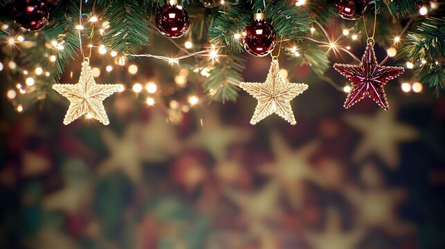 Blurred background of hanging fairy lights and stars with bokeh effect. Enchanting Christmas atmosphere for social media and digital marketing backdrop.