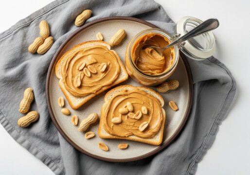 Overhead shot of peanut butter sandwiches on a plate with a jar of peanut butter, peanuts, and a spoon on a gray linen napkin isolated on white background