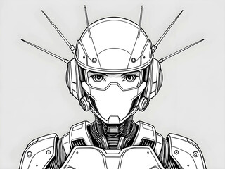 Black and white illustration of a futuristic female cyborg wearing advanced armor and a helmet with multiple antennas, showcasing a detailed sci-fi design blending human and robotic technology.