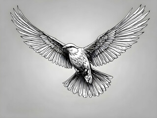 Black and white illustration of a bird flying with wings fully spread, showcasing detailed feathers and graceful motion, representing freedom, elegance, and natural beauty in artistic line art.