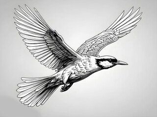 Detailed black and white illustration of a bird in flight with open wings, showcasing intricate feather texture and graceful motion, symbolizing freedom, nature, and wildlife art.