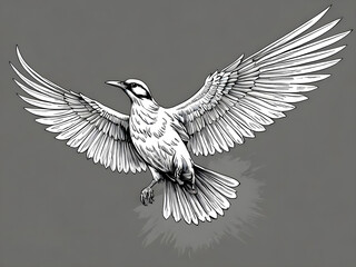 Black and white illustration of a bird with wings fully spread in flight, showing detailed feathers and dynamic movement, symbolizing freedom, nature, and elegance in artistic line art.