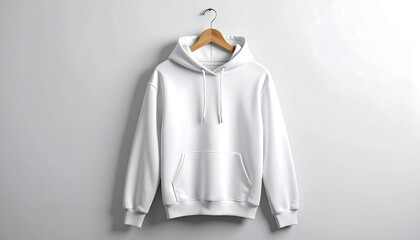 White Hoodie Mockup on Hanger Against a White Wall.