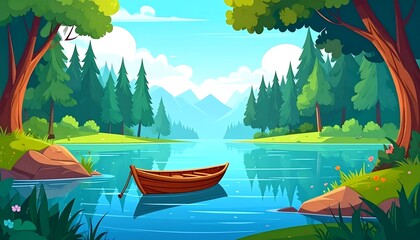 A serene lake reflects trees and distant mountains under a blue sky. A small wooden boat floats gently