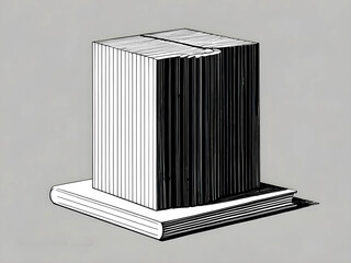 Black and white line art illustration of stacked books forming a tall rectangular structure. Minimalist concept symbolizing knowledge, education, literature, and intellectual growth in geometric form.
