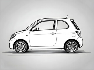 Black and white side view sketch of a compact city car with modern design, small size, and clean lines. Minimalist automobile illustration perfect for transportation, automotive design, and urban mobi