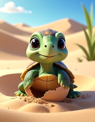 Adorable Baby Turtle Emerges from Egg in Sandy Desert.