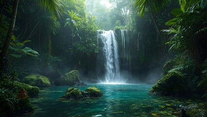 Tropical rainforest waterfall surrounded by lush green foliage, misty sunlight and wet mossy rocks, HDR cinematic landscape, peaceful exotic nature scene with vibrant natural tones.