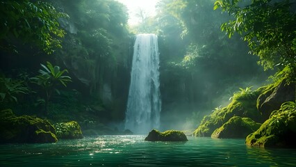 Tropical rainforest waterfall surrounded by lush green foliage, misty sunlight and wet mossy rocks, HDR cinematic landscape, peaceful exotic nature scene with vibrant natural tones.