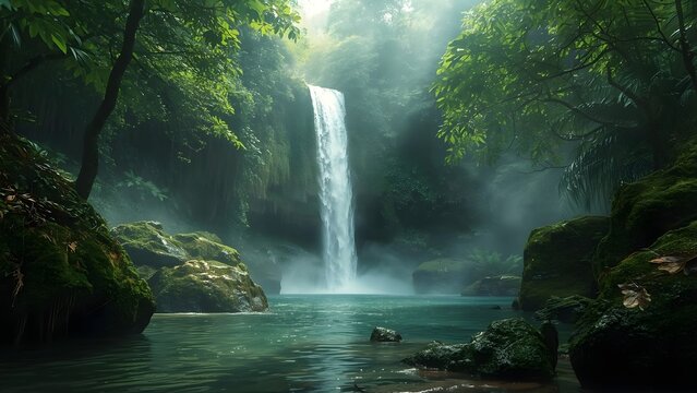Tropical rainforest waterfall surrounded by lush green foliage, misty sunlight and wet mossy rocks, HDR cinematic landscape, peaceful exotic nature scene with vibrant natural tones.
