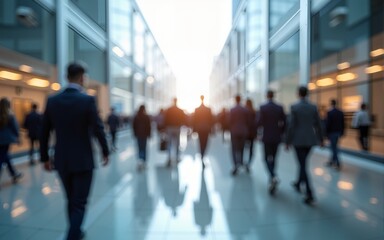 motion blur image of business people crowd walking at corporate office in city downtown, blurred background, business center concept, white color tone. High quality