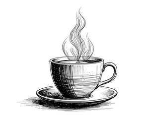 Detailed hand-drawn illustration of a steaming coffee cup on saucer. Vintage sketch style with elegant line art, perfect for café design, menu decoration, and coffee-related artwork.