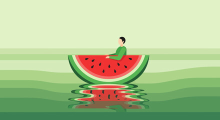 Obraz premium A Person Relaxing in a Watermelon Boat Floating in Verdant Waters of Serenity