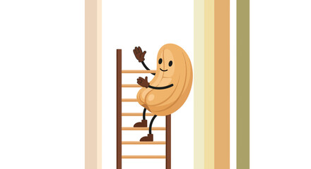 A Nutty Cashew Character Ascends a Wooden Ladder with Upbeat and Friendly Cheerfulness