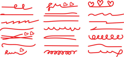 Doodle lines collection. Hand drawn red underlines, scribble brush strokes set for selecting text and emphasis, vector illustration.