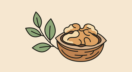 A Simple Walnut Illustration With Green Leafy Sprig On Beige Background
