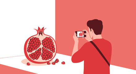 A Person Captures The Pomegranate With A Mobile Phone In A Simple Artistic Style