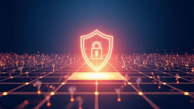 Digital Shield: A luminous digital shield, adorned with a lock, stands as a symbol of robust data protection, safeguarding valuable information against the intricate web of cyber threats.