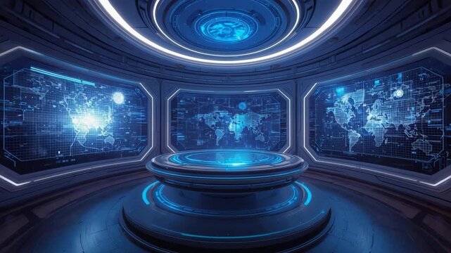 Futuristic Command Center: A digital panorama unfolds within a high-tech command center, showcasing global maps and data projections, illustrating technological advancement and innovation.