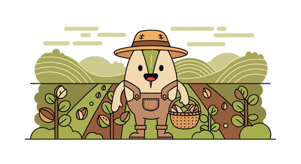 A Smiling Farmer Character Harvesting Crops in a Whimsical Cartoon Field Setting