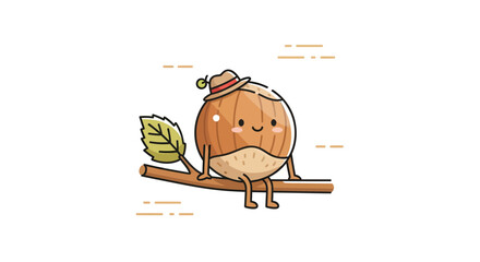 A Smiling Hazelnut Cartoon With Hat Relaxing on a Branch with a Green Leaf