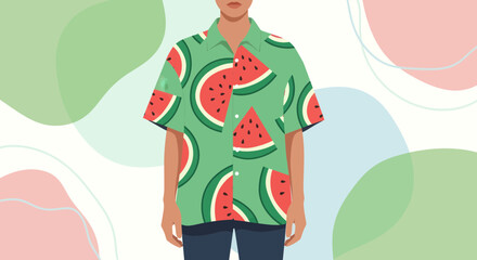 A Person in a Vibrant Watermelon Print Shirt with Abstract Pastel Background Design