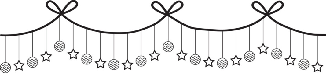 Decorative hanging garland with stars, balls, and ribbon bows in a simple black outline style. Ideal for festive borders, holiday decorations, or celebration designs