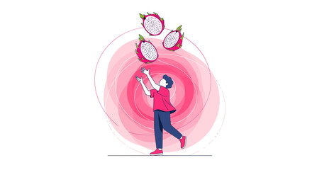 A Person Juggling Delicious Dragon Fruits in a Playful, Colorful, Vibrant Design