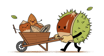 A Wheelbarrow Full Of Nuts Is Happily Pushed By A Chestnuts Against A White Background