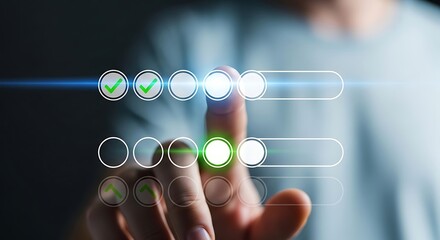 Man using a digital interface to complete a task with checkmarks and progress