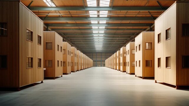 modular housing wooden units lined in spacious industrial warehouse