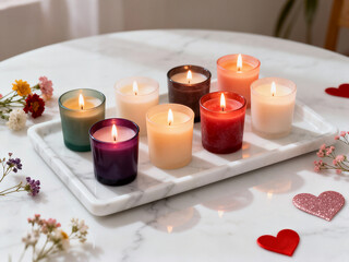 A collection of various colored, glowing scented candles in glass jars sits on a white marble tray, surrounded by small decorative flowers and red hearts for ambiance.