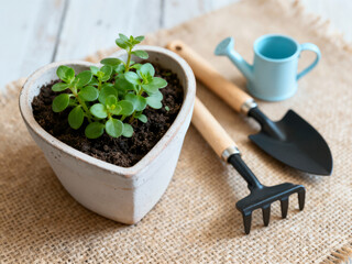 A tiny green succulent plant grows in a heart-shaped pot next to miniature gardening tools (rake and trowel) and a small watering can on a burlap surface.