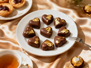 Nine heart-shaped dark chocolates topped with edible gold flakes are elegantly arranged on a white plate, set on a luxurious golden satin tablecloth for a gourmet dessert.