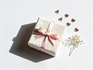 A luxurious velvet-covered gift box tied with a pink ribbon and bow is placed on a white background, adorned with small pink heart accents and baby's breath flowers.