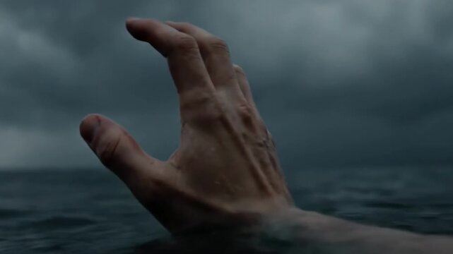Hand reaching out of dark water under a cloudy sky, symbolizing drowning and despair.