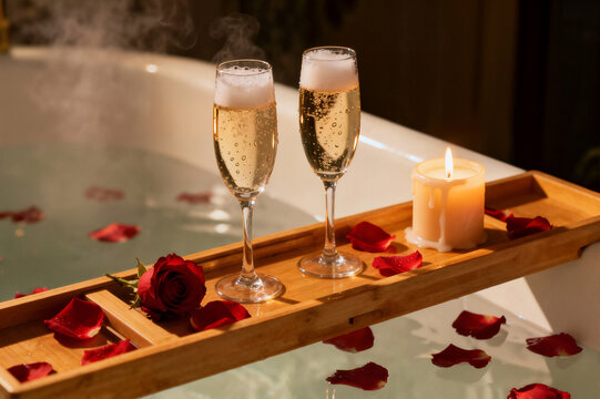 Two glasses of champagne and a lit candle sit on a wooden bath caddy with a red rose and petals, creating a luxurious and romantic atmosphere in a steamy bathtub.