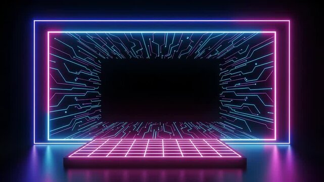 Neon rectangle portal with circuit board design and grid platform